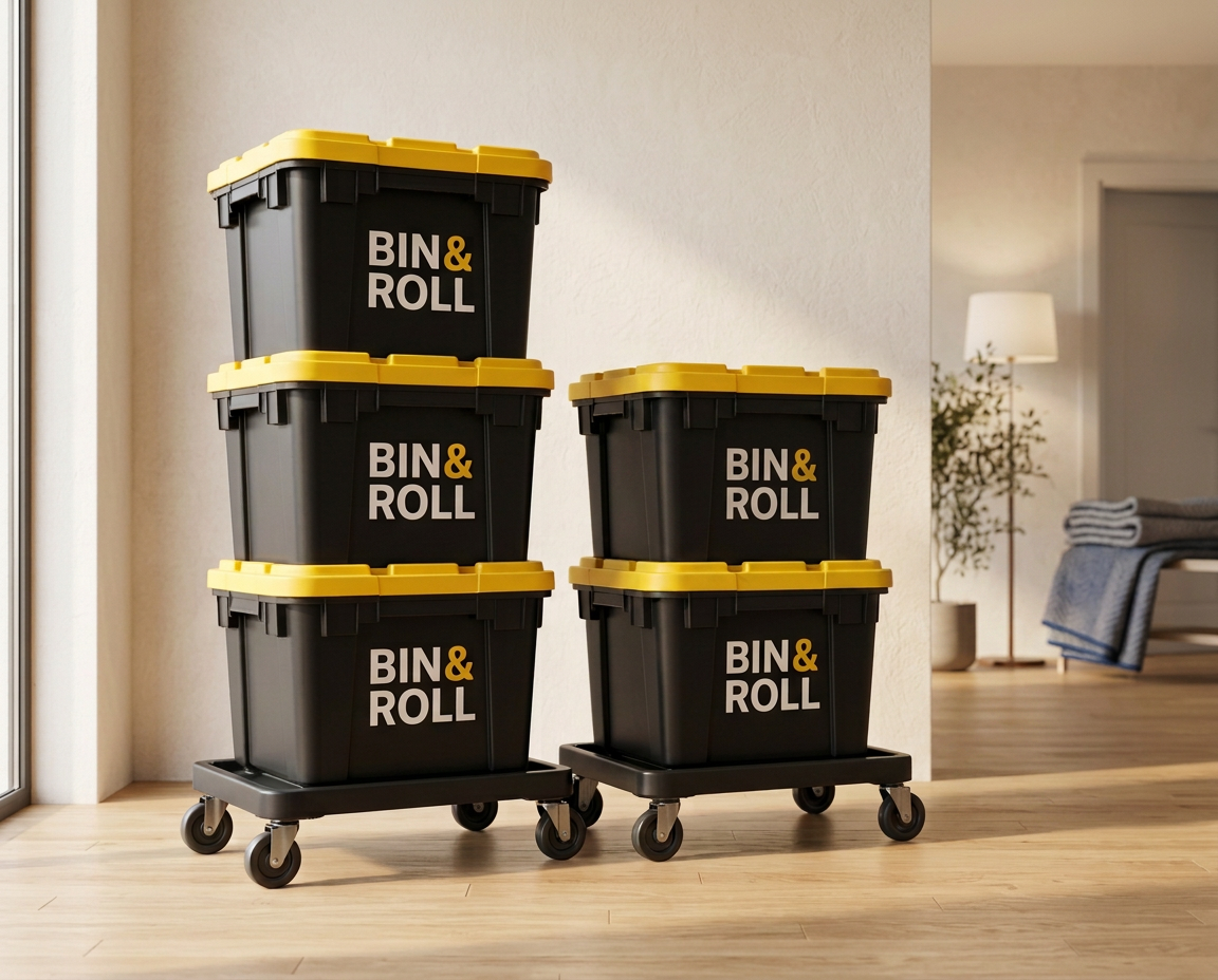 35 bins of black reusable moving bins with yellow lids on rolling dollies