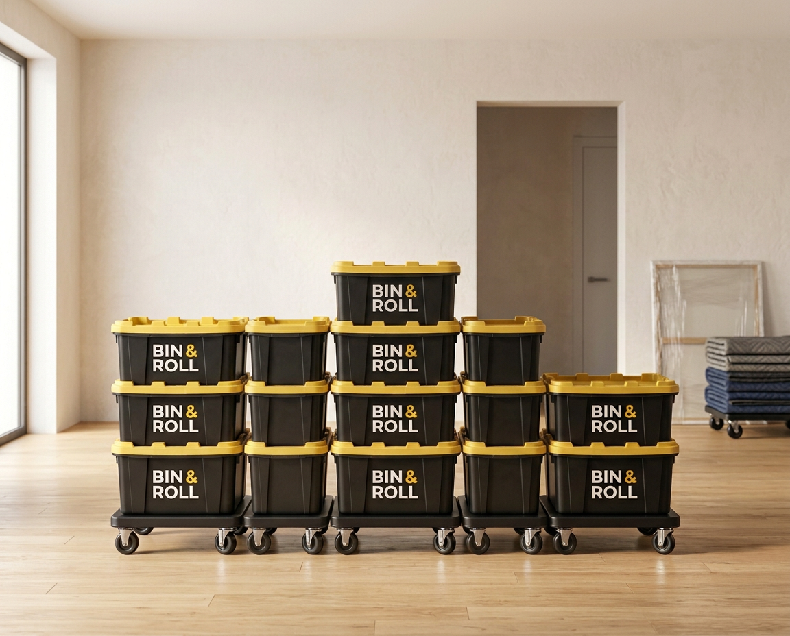 50 bins of black reusable moving bins with yellow lids on rolling dollies