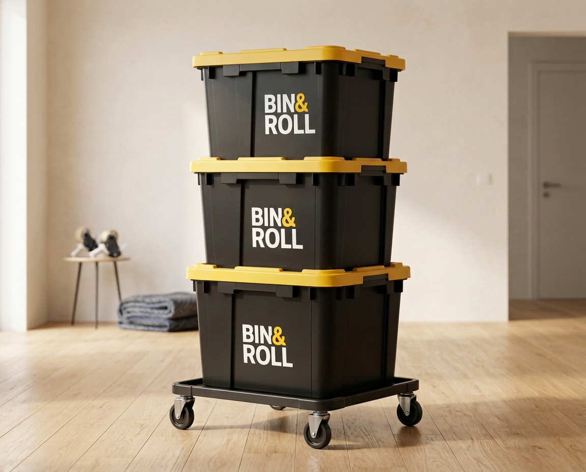 20 bins of black reusable moving bins with yellow lids on rolling dollies