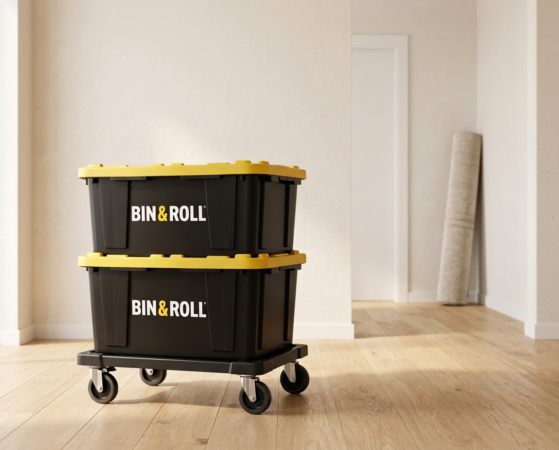 10 bins of black reusable moving bins with yellow lids on rolling dollies